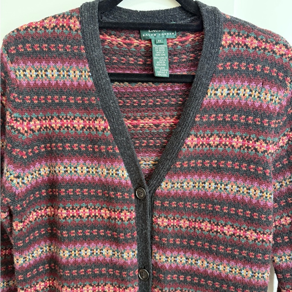 Lauren Ralph Lauren Wool Cardigan Sweater Car Coat Vintage Y2K Fair Isle Country - Picture 7 of 15